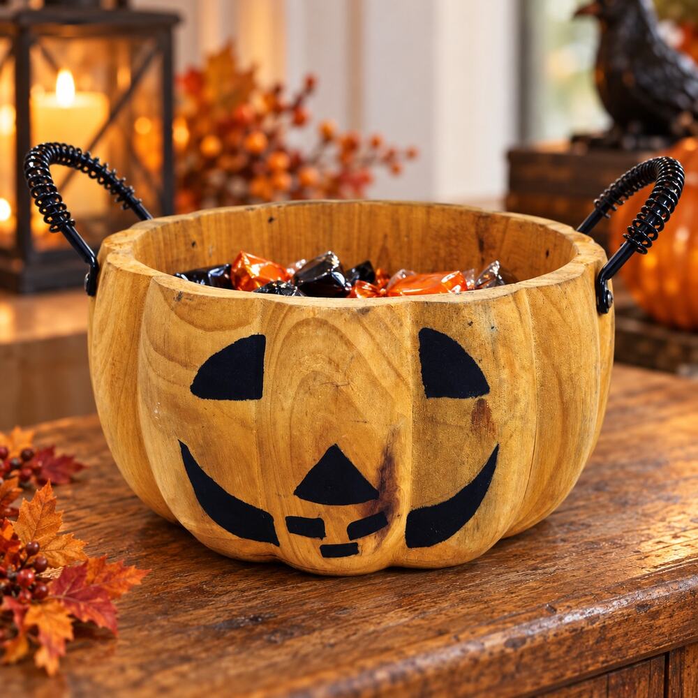 Wooden Jack O Lantern Pumpkin Candy Bowl Rustic Halloween